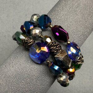 Chunky Beaded Wrap Bracelet Memory Wire Iridescent Purple Blue Green Dark Silver